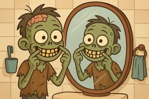 Un zombi de dibujos animados sonríe en el espejo, mostrando sus dientes