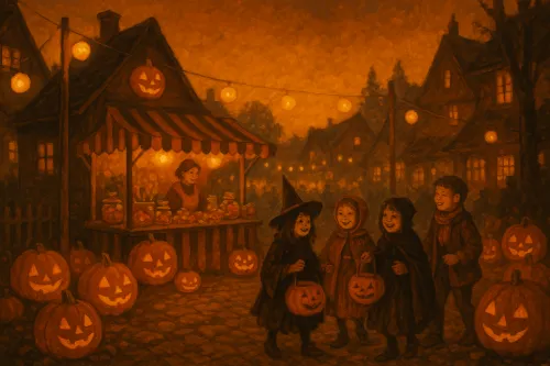Scene with children in Halloween costumes near a fair