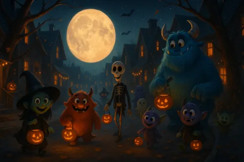 Un grupo de monstruos y personajes celebra Halloween en un pueblo nocturno