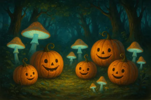 Forest scene with pumpkins and glowing mushrooms at night