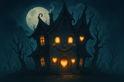 Cute house with a smiling face and hearts in the windows at night