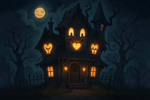 Charming house with heart-shaped windows against the moonlit background