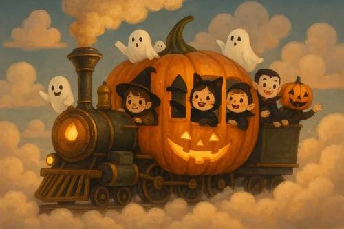 Niños vestido con disfraces divirtiéndose en la locomotora de calabaza con fantasmas