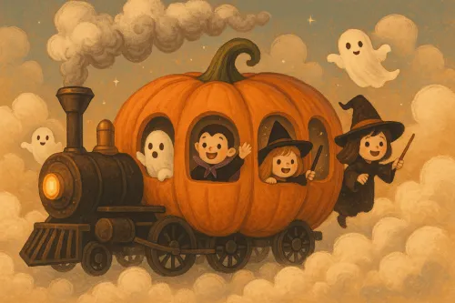 Ilustración infantil con un tren de calabazas y fantasmas en un fondo de nubes