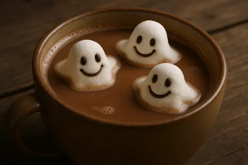Tres fantasmas de malvavisco sonrientes flotan en chocolate caliente
