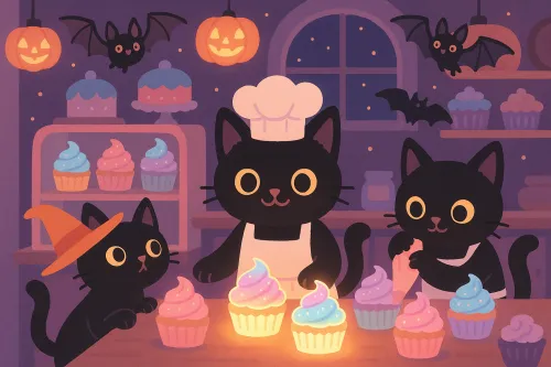 Tres gatos negros decorando pasteles en una cocina para Halloween