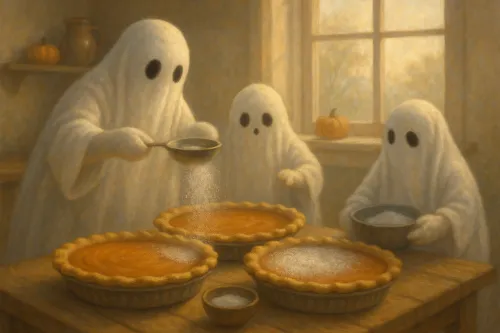 Un grupo de fantasmas en la cocina, preparando pasteles de calabaza en cacerolas