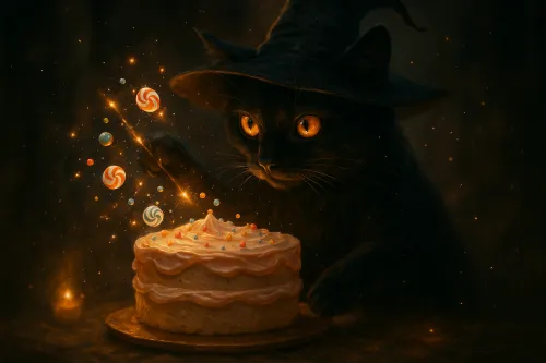 Gato mágico con una varita mágica y un pastel lleno de dulces
