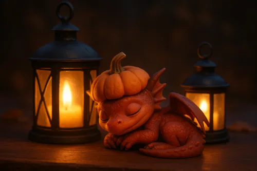 Lindo dragón con una calabaza en la cabeza y faroles alrededor