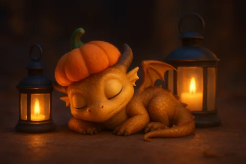 Dulce dragón duerme junto a una linterna y una calabaza