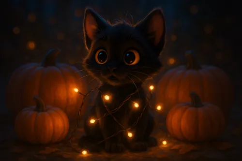 Gatito envuelto en luces, rodeado de calabazas en un ambiente oscuro