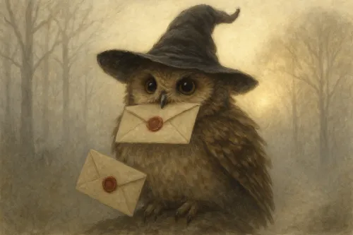 Encantador búho en un sombrero mágico sosteniendo cartas con sello.
