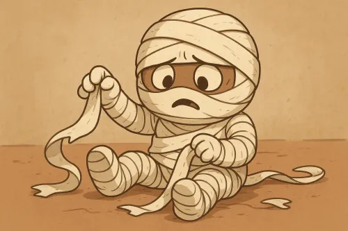 La momia está sentada en el suelo mirando las vendas con sorpresa