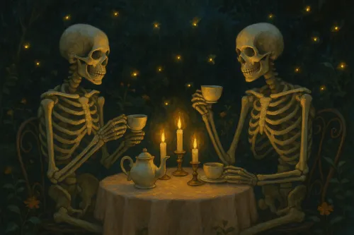 Dos esqueletos disfrutando del té en una mesa iluminada por velas