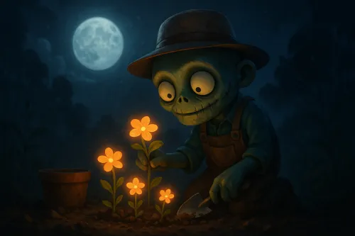 Zombi de piel verde con sombrero y flores frente a la luna