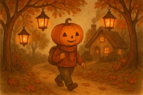 Un niño con una cabeza en forma de calabaza pasea por un parque otoñal.