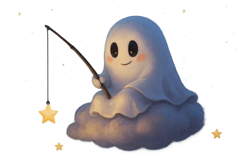 Dulce fantasma pescando estrellas en una nube con una caña de pescar