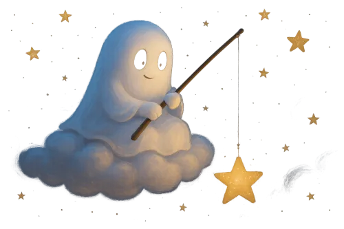 Lindo fantasma en una nube capturando estrellas con una caña de pescar