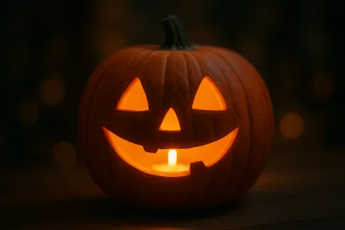 Divertida calabaza con una cara sonriente en un fondo oscuro