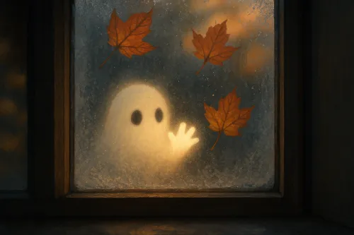 Dulce fantasma mirando a través de la ventana empañada con hojas brillantes