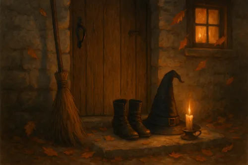 Escena mágica con escoba, sombrero y vela encendida