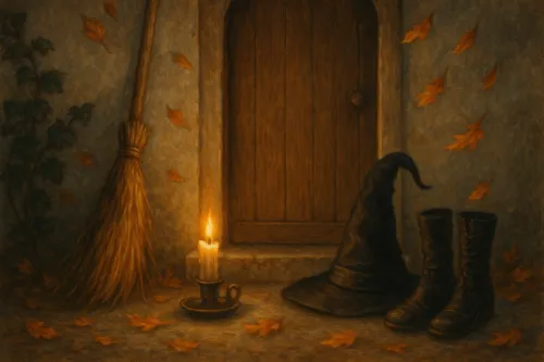 Un rincón acogedor con objetos de magia: una escoba, una vela, un sombrero y botas