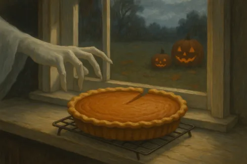 Fantasma extendiéndose hacia el pastel de calabaza en el alféizar de la ventana