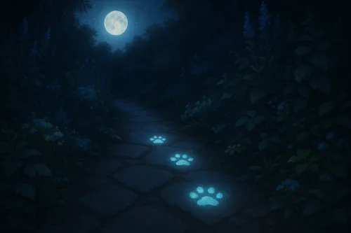 Camino forestal nocturno con patas brillantes bajo la luna