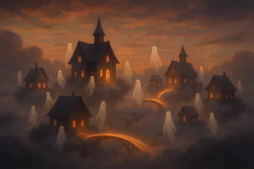 Ciudad mágica con casas y fantasmas entre las nubes al atardecer