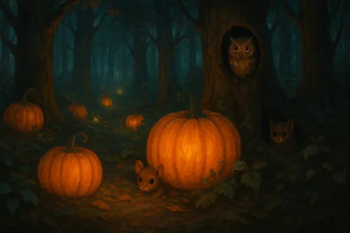 Bosque otoñal con calabazas, ratones y un búho en un hueco de árbol