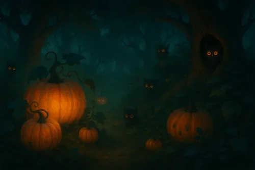 Escena de bosque con calabazas y ojos de gatos en la oscuridad