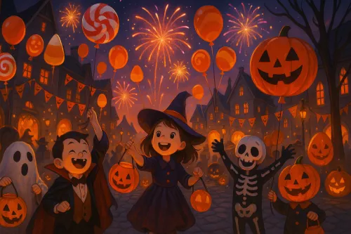 Niños disfrazados en la fiesta de Halloween con calabazas y globos