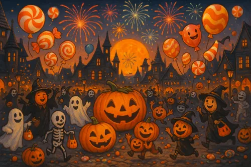 Niños disfrazados, calabazas y fuegos artificiales en Halloween