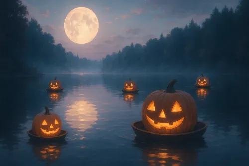 Calabazas brillantes flotan en el lago bajo la luna llena