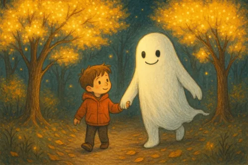 El niño sostiene la mano del fantasma mientras pasean por el bosque otoñal con luces