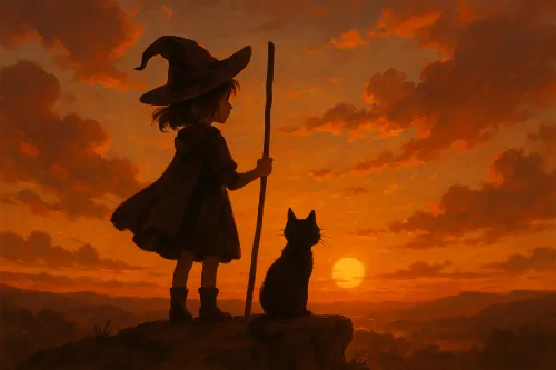 Niña con un sombrero y un bastón, y un gato negro frente al atardecer
