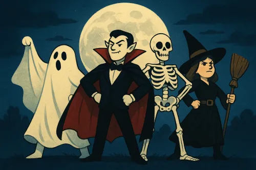 Grupo de conocidas criaturas aterradoras: fantasma, vampiro, esqueleto y bruja