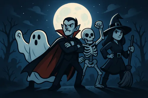 Grupo de personajes icónicos: vampiro, esqueleto, fantasma y bruja