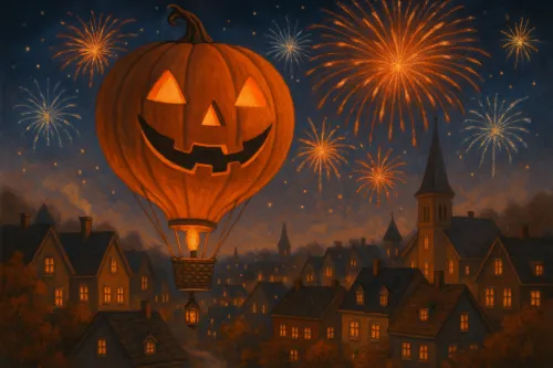 Hermoso globo con forma de calabaza contra fuegos artificiales en una ciudad nocturna