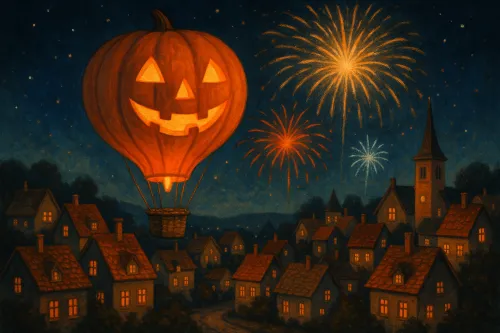 Brillante globo aerostático en forma de calabaza sobre la ciudad con fuegos artificiales