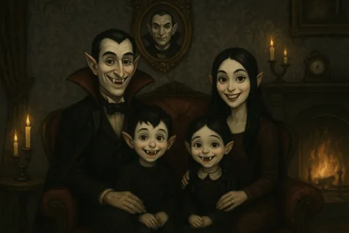Una familia de vampiros sonríe frente a una chimenea y velas