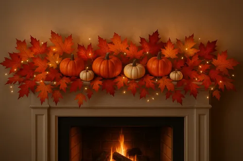 Decoración de chimenea con calabazas y coloridas hojas de otoño