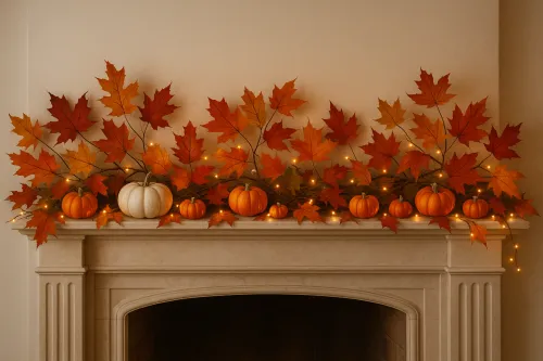 Chimenea con decoraciones otoñales, incluyendo calabazas y hojas coloridas