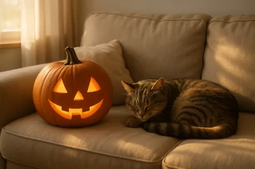 Gato durmiendo junto a una calabaza iluminada en un ambiente hogareño