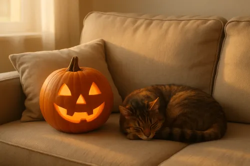 Gato durmiendo en el sofá junto a una calabaza iluminada para Halloween