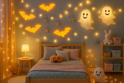 Habitación infantil decorada con fantasmas y murciélagos de Halloween