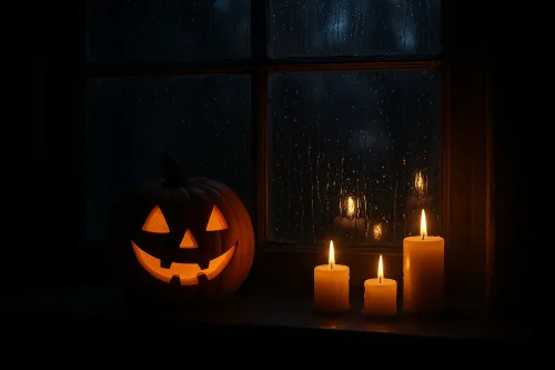 Calabaza iluminada y tres velas contra un fondo de ventana lluviosa