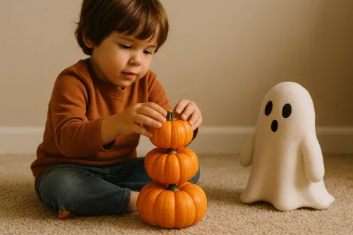Un niño recoge tres pequeñas calabazas en el suelo con un fantasma de juguete al lado