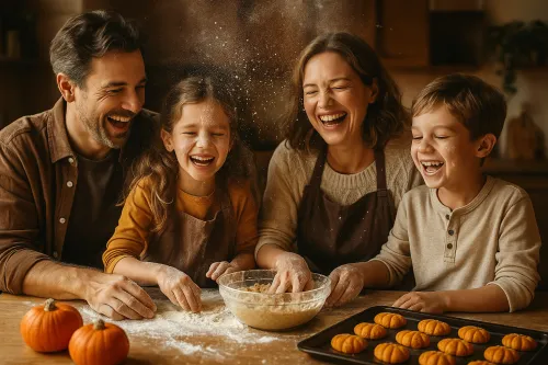 Familia feliz en la cocina, preparando platos en un ambiente alegre