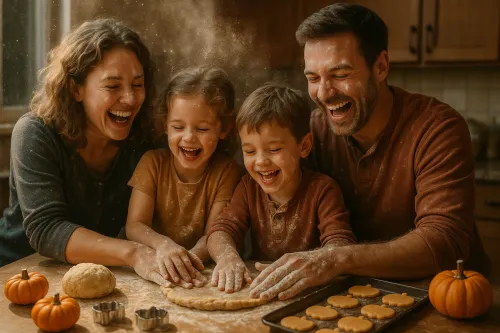 Feliz tiempo en familia, preparando galletas con niños en la cocina